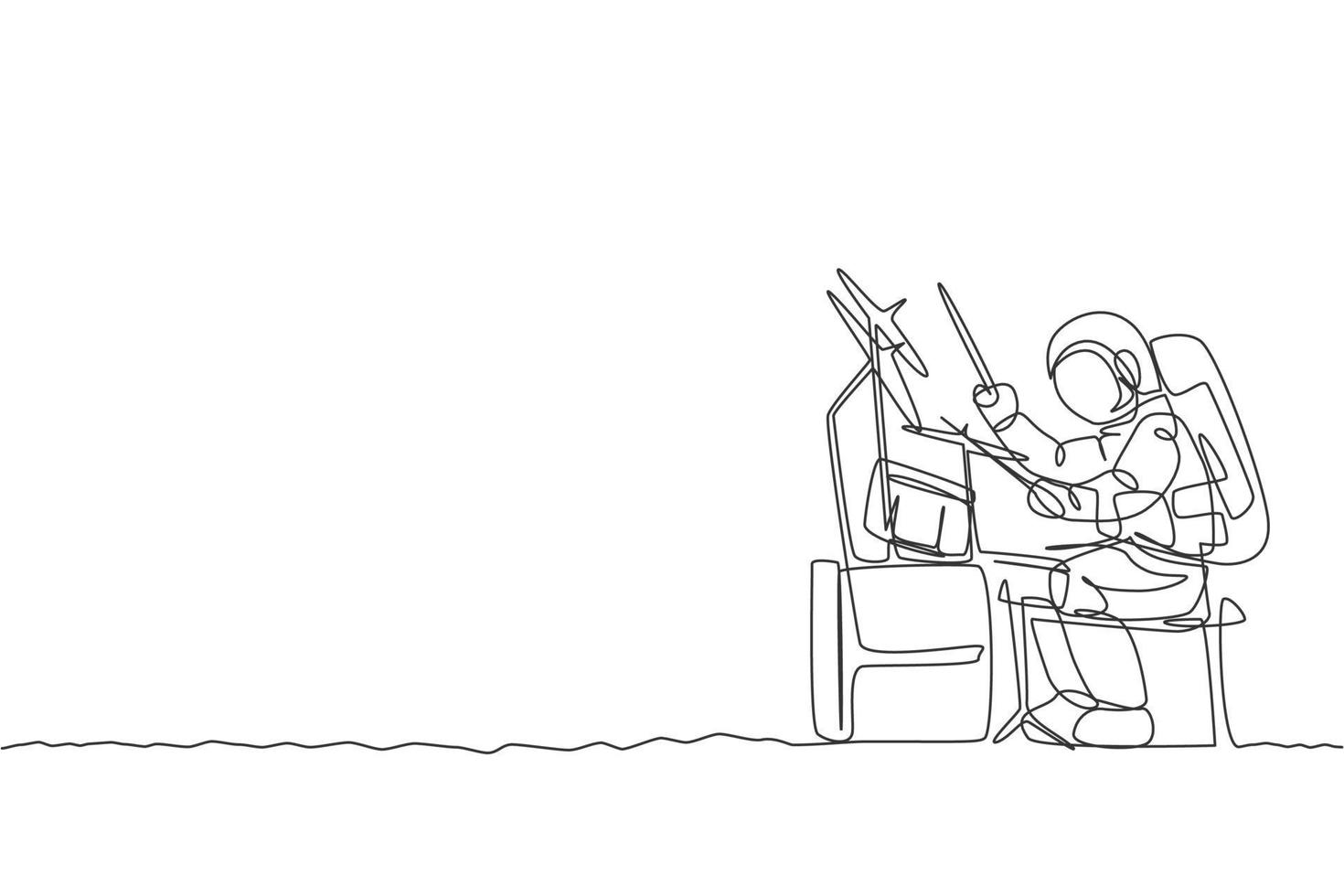 um desenho de linha única do baterista do astronauta tocando bateria instrumento musical na ilustração vetorial de superfície da lua. cartaz de concerto de música, conceito de astronauta espacial. design moderno de desenho de linha contínua vetor