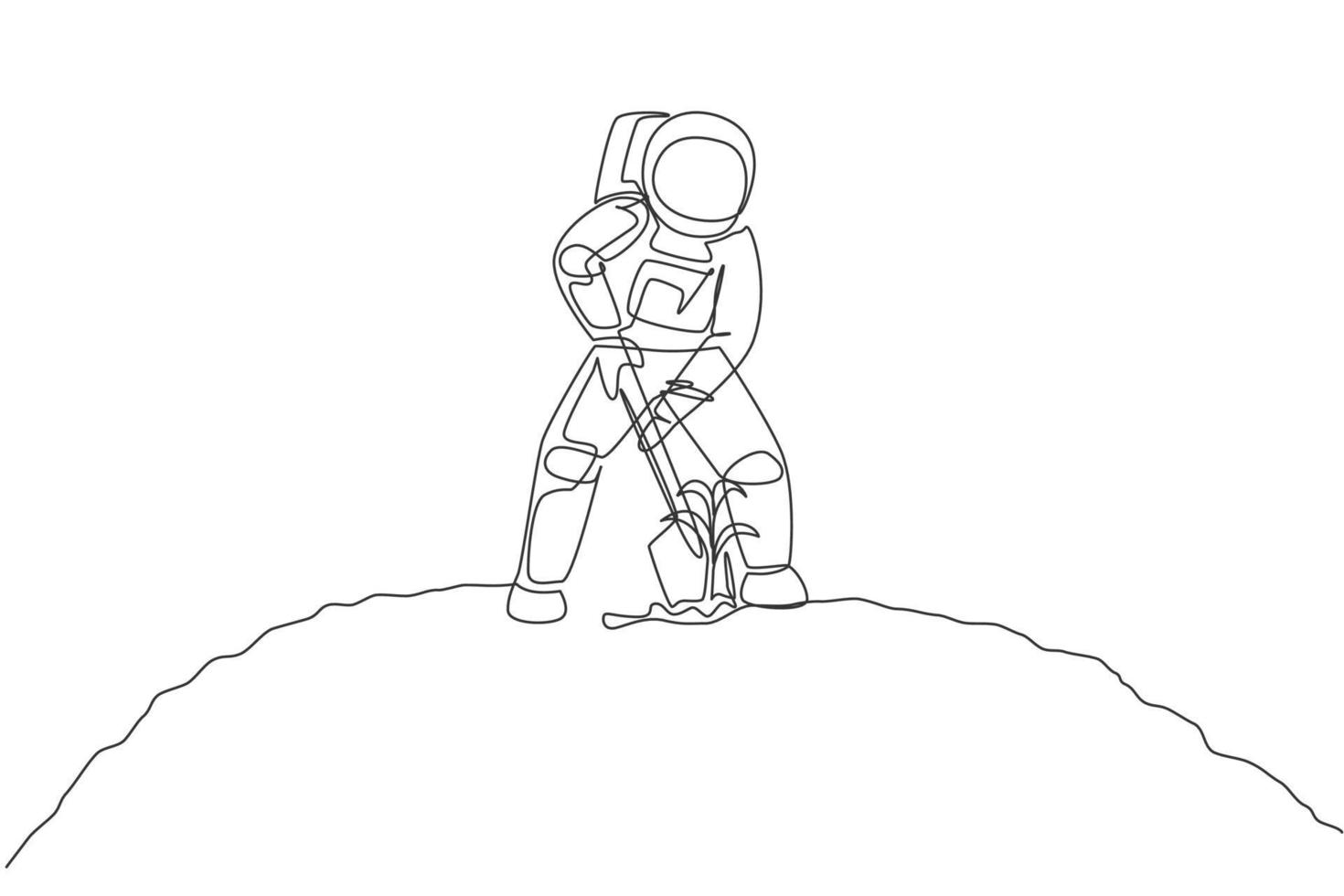 desenho de linha único contínuo do cosmonauta escavando o solo usando uma pá de metal na superfície da lua. conceito de vida agrícola do astronauta da galáxia. tendência de uma linha desenhar design gráfico ilustração vetorial vetor