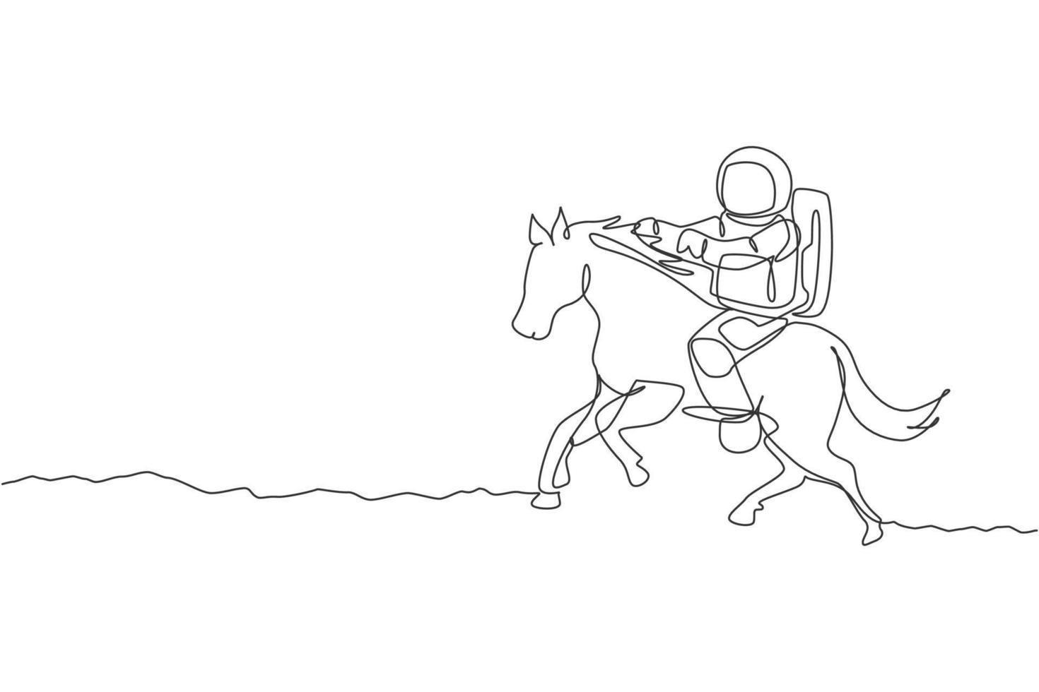 desenho de linha contínua única de cosmonauta com traje espacial cavalgando a cavalo, animal selvagem na superfície da lua. fantasia astronauta safari viagem conceito. moderno desenho de uma linha desenho vetorial ilustração gráfica vetor