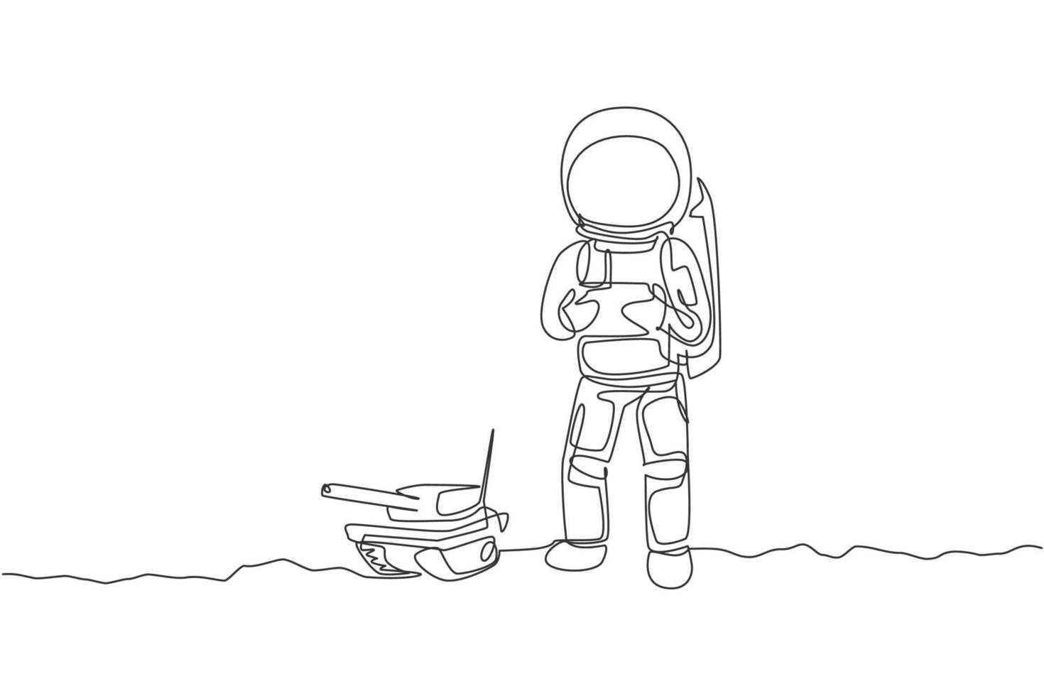 um desenho de linha contínua do astronauta jogando o controle de rádio do tanque de guerra na galáxia cósmica da lua. conceito de passatempo e estilo de vida do espaço sideral. ilustração em vetor gráfico de desenho de linha única dinâmica