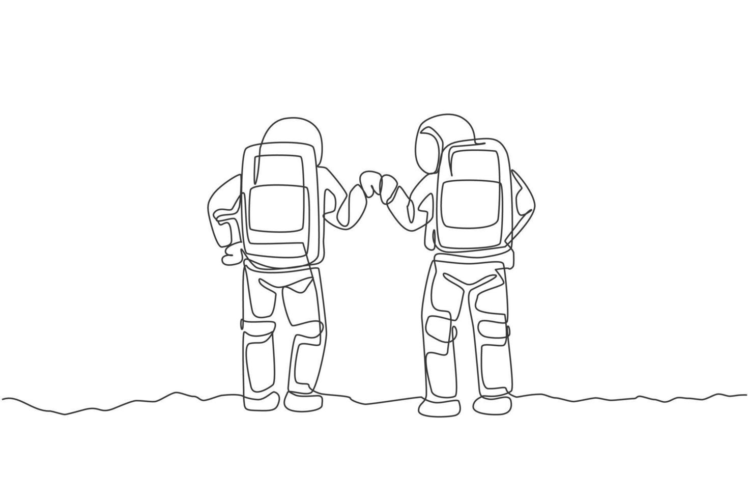 um desenho de linha contínua de dois jovens astronautas felizes dando um gesto de soco na superfície da lua, vista traseira. conceito de espaço profundo do homem do espaço. ilustração gráfica de vetor de desenho de linha única dinâmica