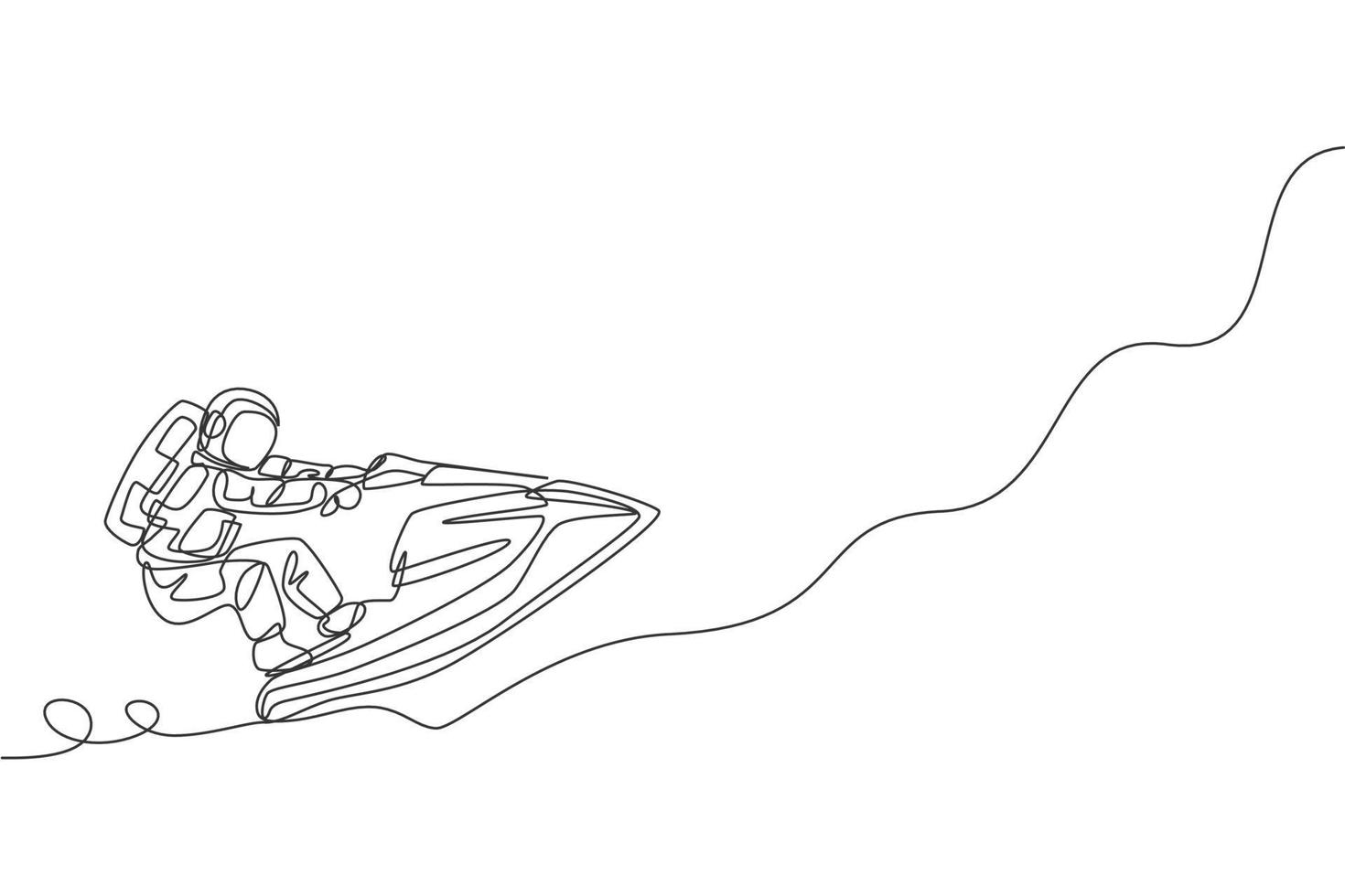 desenho de linha única contínua do astronauta usando jetski na superfície da lua, espaço sideral. conceito de esporte de galáxia de astronomia espacial. tendência de uma linha desenhar ilustração vetorial de design gráfico vetor