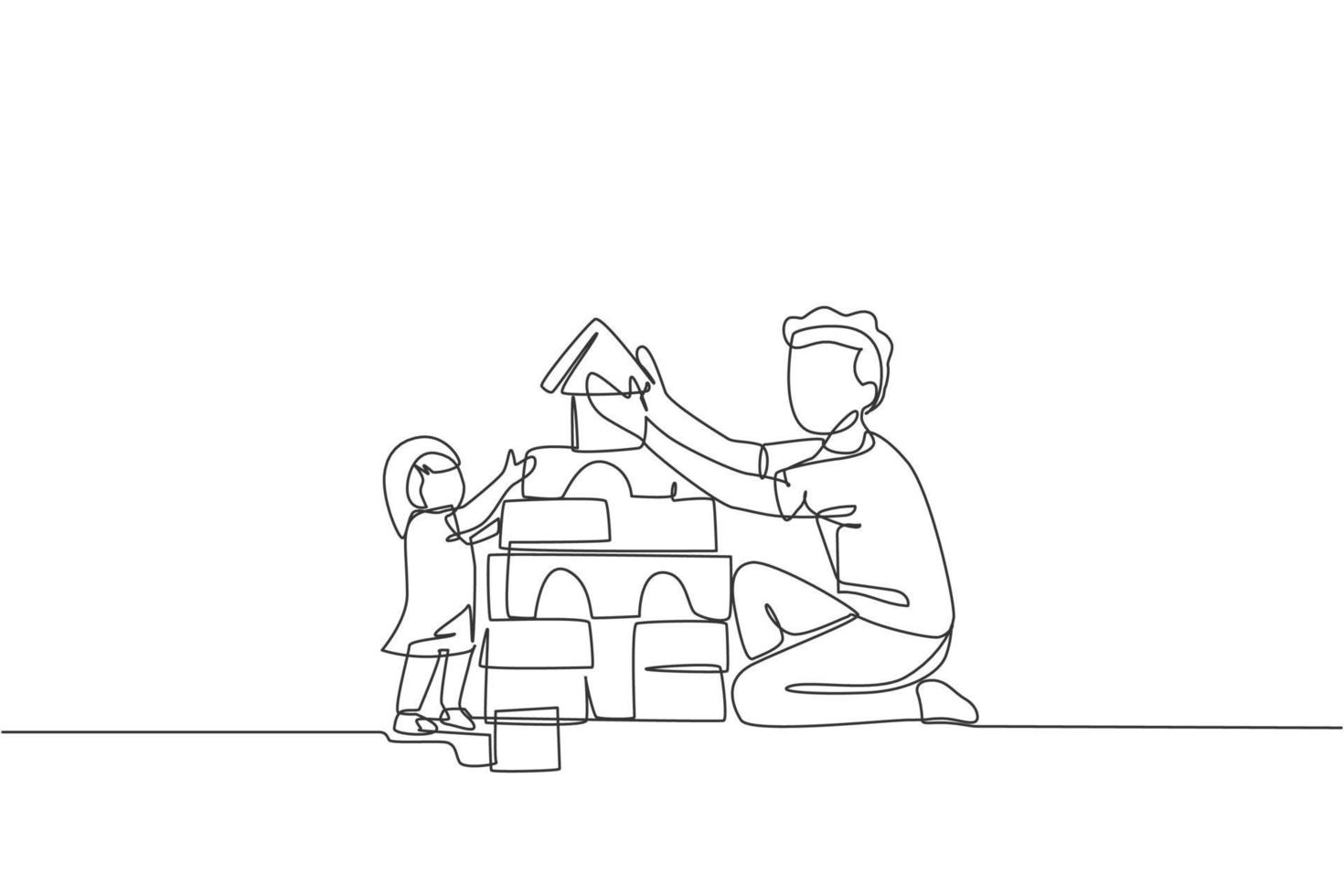 um desenho de linha contínua de um jovem pai feliz brincando de construir uma casa de tijolos com uma linda filha em casa. conceito de parentalidade familiar. ilustração em vetor gráfico de desenho de linha única dinâmica