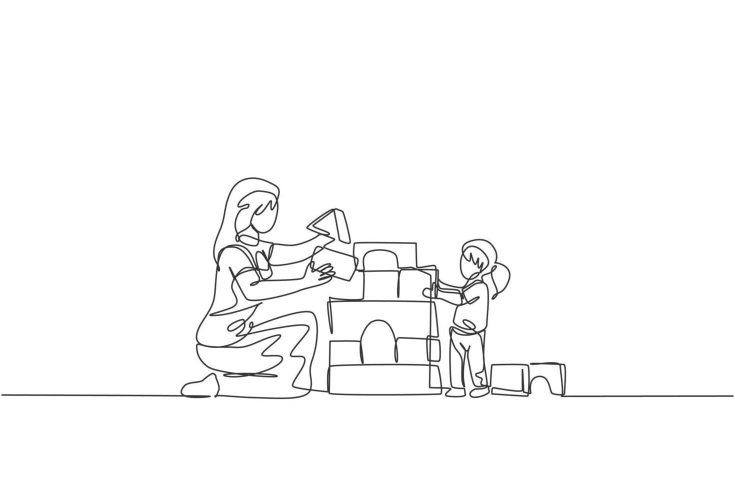 único desenho de linha contínua de jovem mãe brincando com a filha, construindo a casa de um brinquedo de blocos de quebra-cabeça de espuma em casa, a paternidade. conceito de parentalidade familiar. ilustração em vetor desenho desenho de uma linha