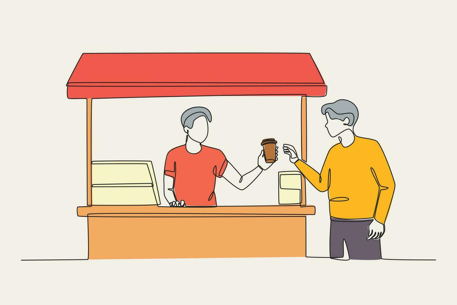 cor ilustração do uma homem comprando café às uma noite mercado vetor