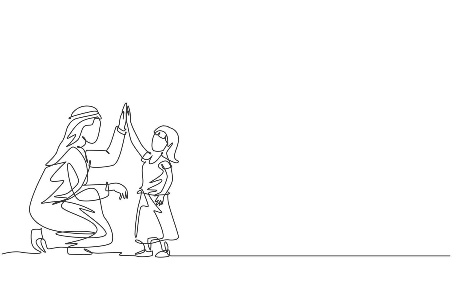um desenho de linha contínua do jovem pai islâmico dá mais cinco gestos para a filha dele. conceito de família amorosa dos pais muçulmanos árabes feliz. ilustração em vetor desenho dinâmico de desenho de linha única