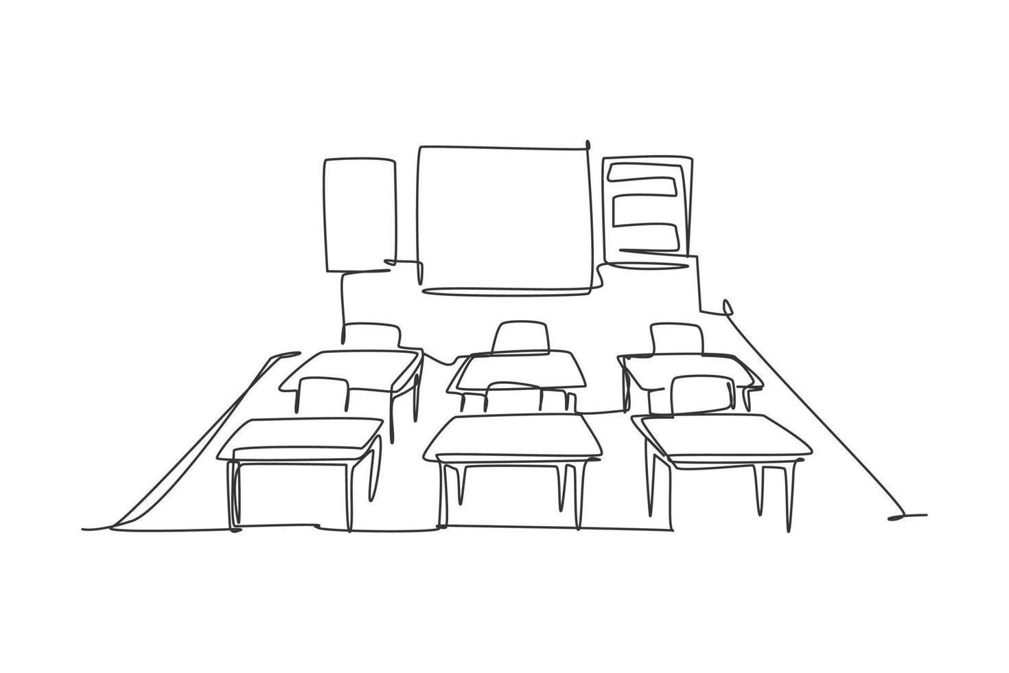 desenho contínuo de uma linha do interior da sala de aula do jardim de infância. de volta ao conceito de minimalismo desenhado à mão da escola. desenho de desenho de linha única para ilustração de gráfico vetorial de educação vetor