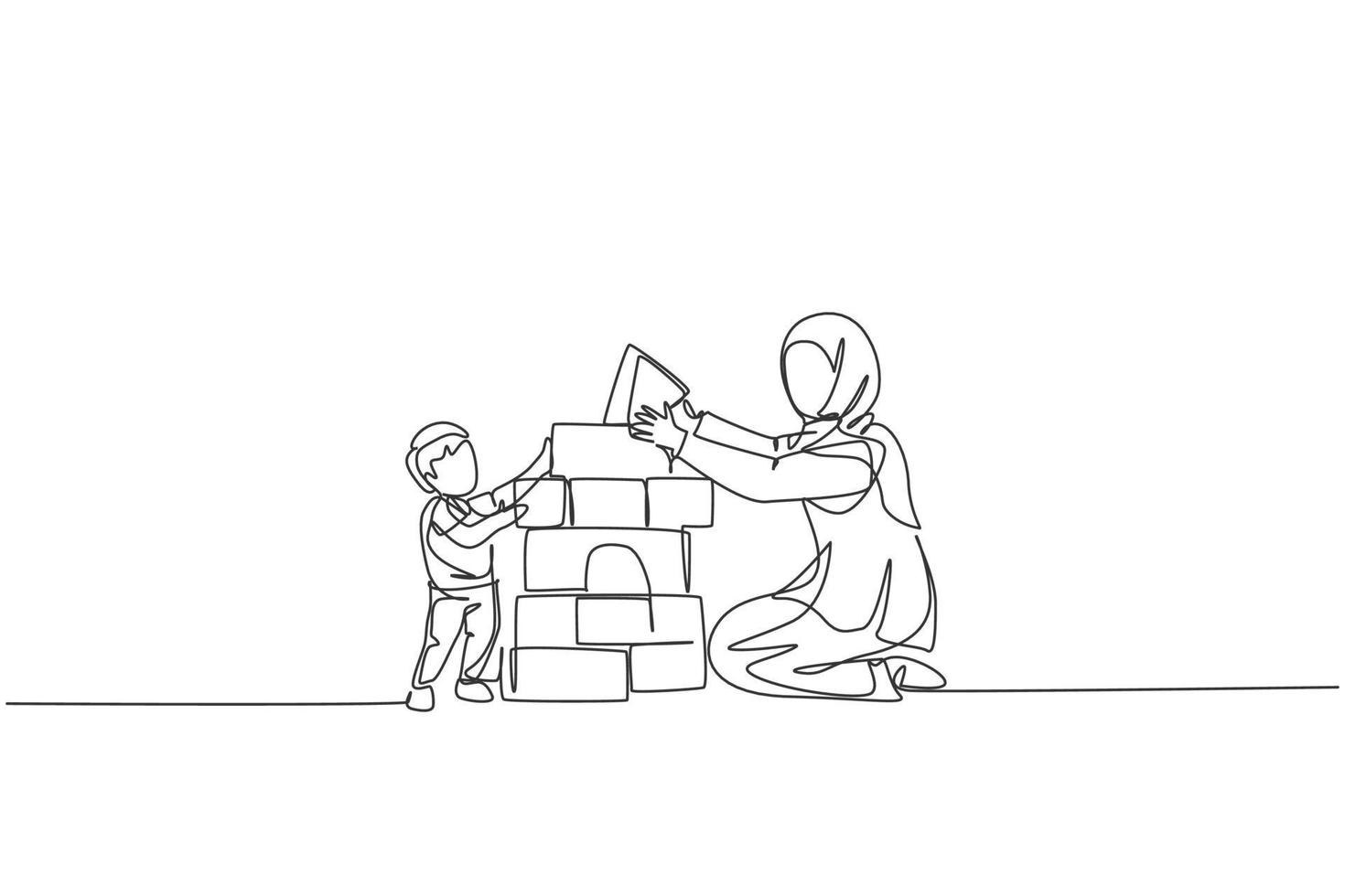 um desenho de linha contínua de jovem mãe árabe jogando tijolo de quebra-cabeça de espuma de bloco com o filho. conceito de família amorosa muçulmana islâmica feliz. ilustração em vetor desenho dinâmico de desenho de linha única
