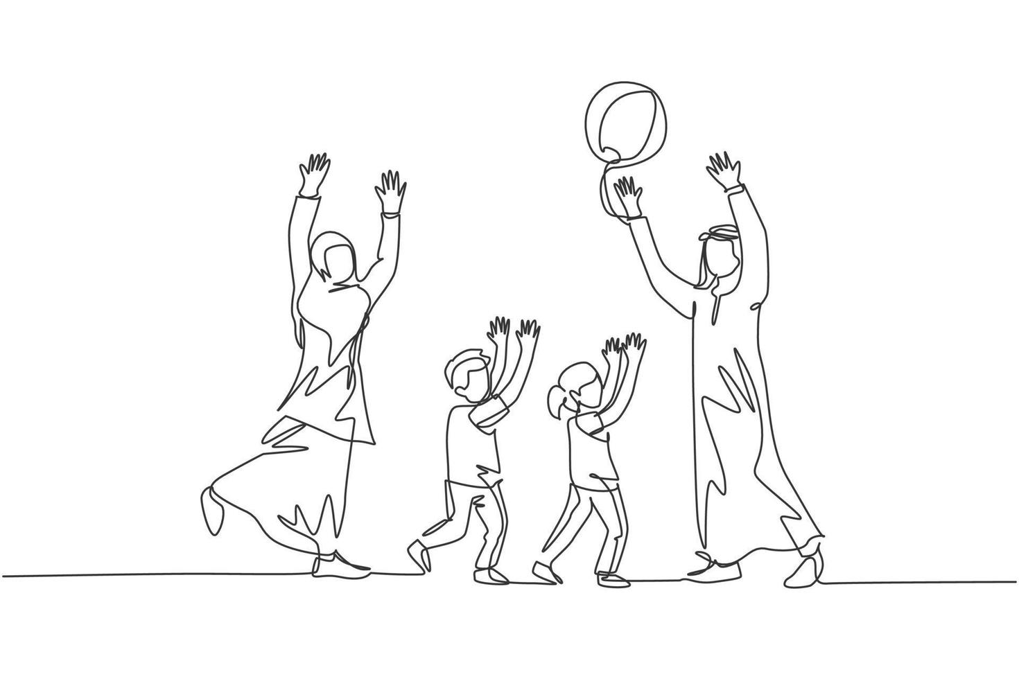 um desenho de linha contínua do jovem casal árabe jogando bola junto com a filha e o filho. conceito de família parental muçulmana islâmica feliz. ilustração em vetor desenho desenho de linha única