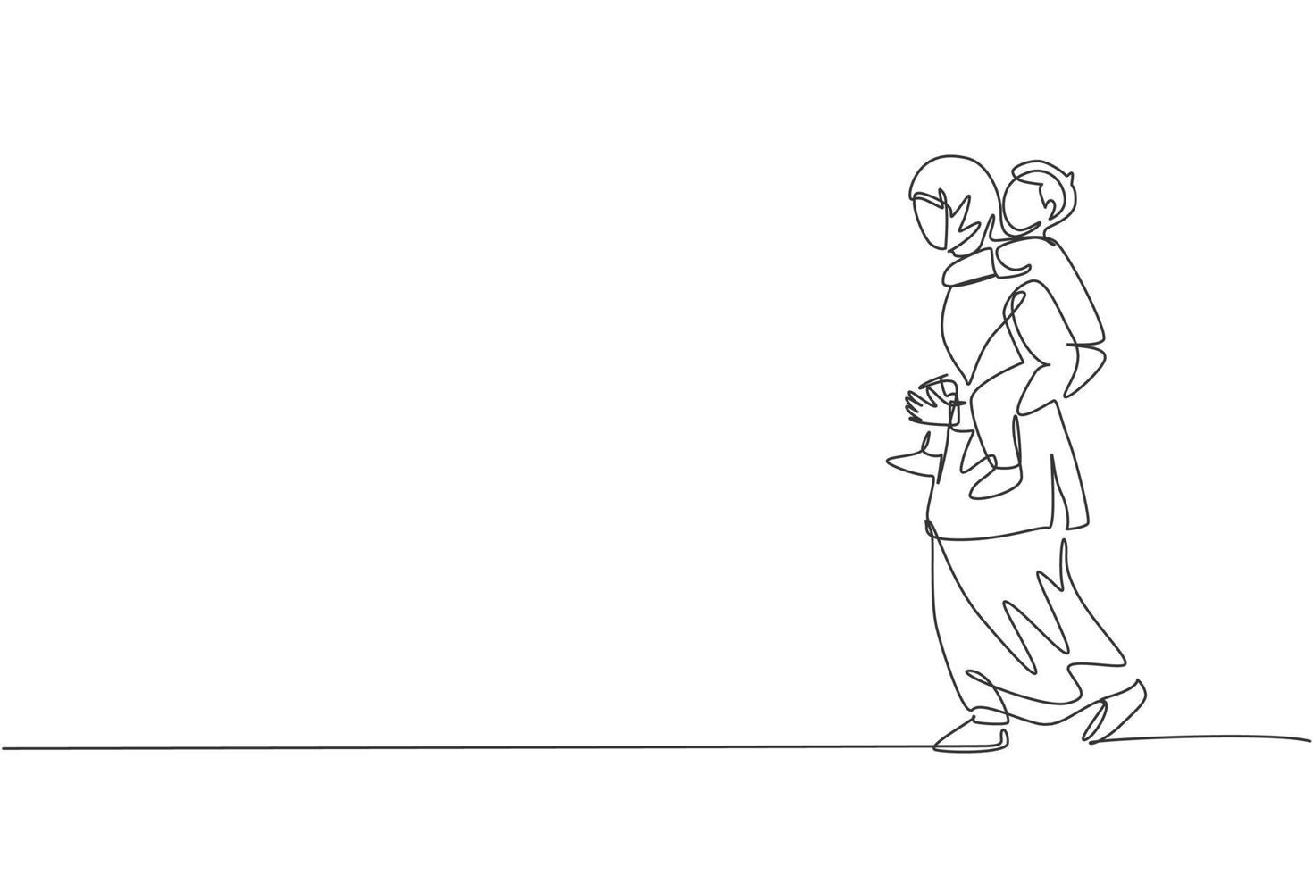 um desenho de linha única da jovem mãe árabe conversando com seu filho enquanto carrega nas costas a ilustração vetorial. conceito de parentalidade familiar muçulmana islâmica feliz. design moderno de desenho de linha contínua vetor
