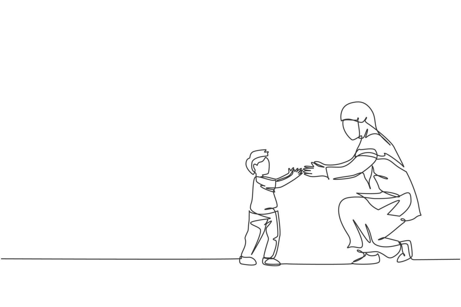 um desenho de linha única do menino da criança islâmica aprender a andar para a mãe e pronto para pegar a ilustração vetorial. conceito parental de família muçulmana árabe feliz. design moderno de desenho de linha contínua vetor