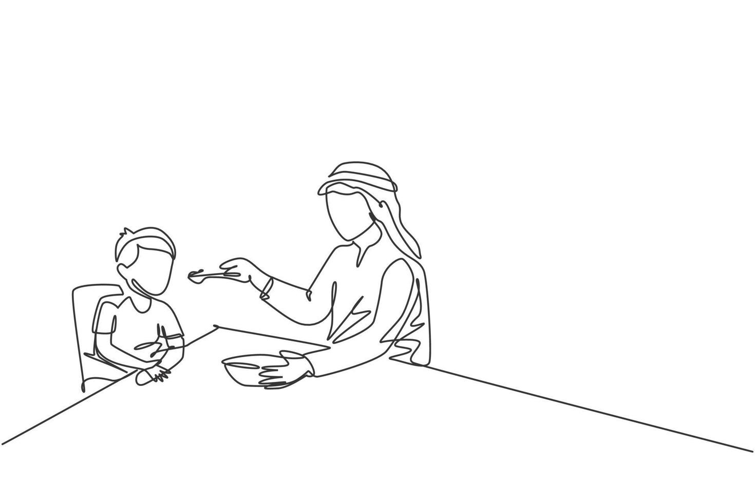 único desenho de linha contínua do jovem pai islâmico dando comida para seu filho na mesa de jantar em casa. conceito de paternidade de família feliz muçulmana árabe. ilustração em vetor desenho desenho de uma linha na moda
