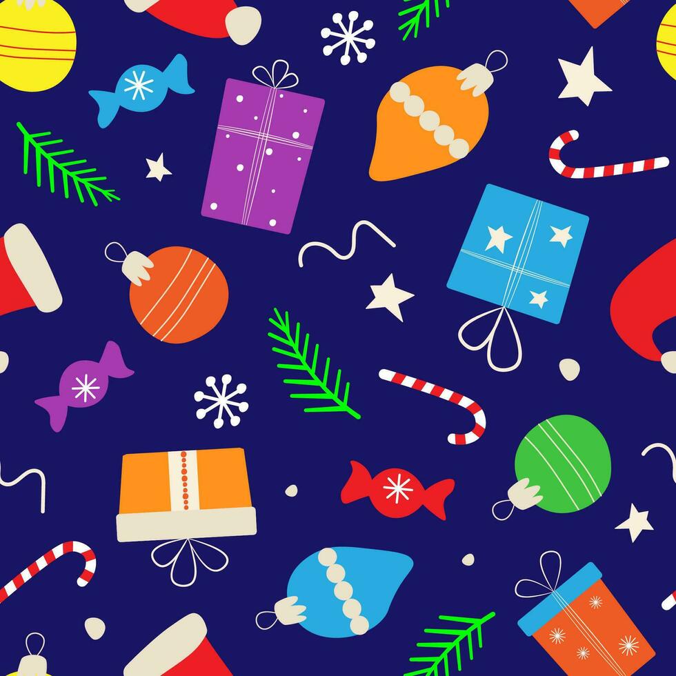 desatado padronizar com abstrato festivo inverno ornamento. Novo anos impressão com presentes, flocos de neve, Natal bolas, doces. vetor gráficos.