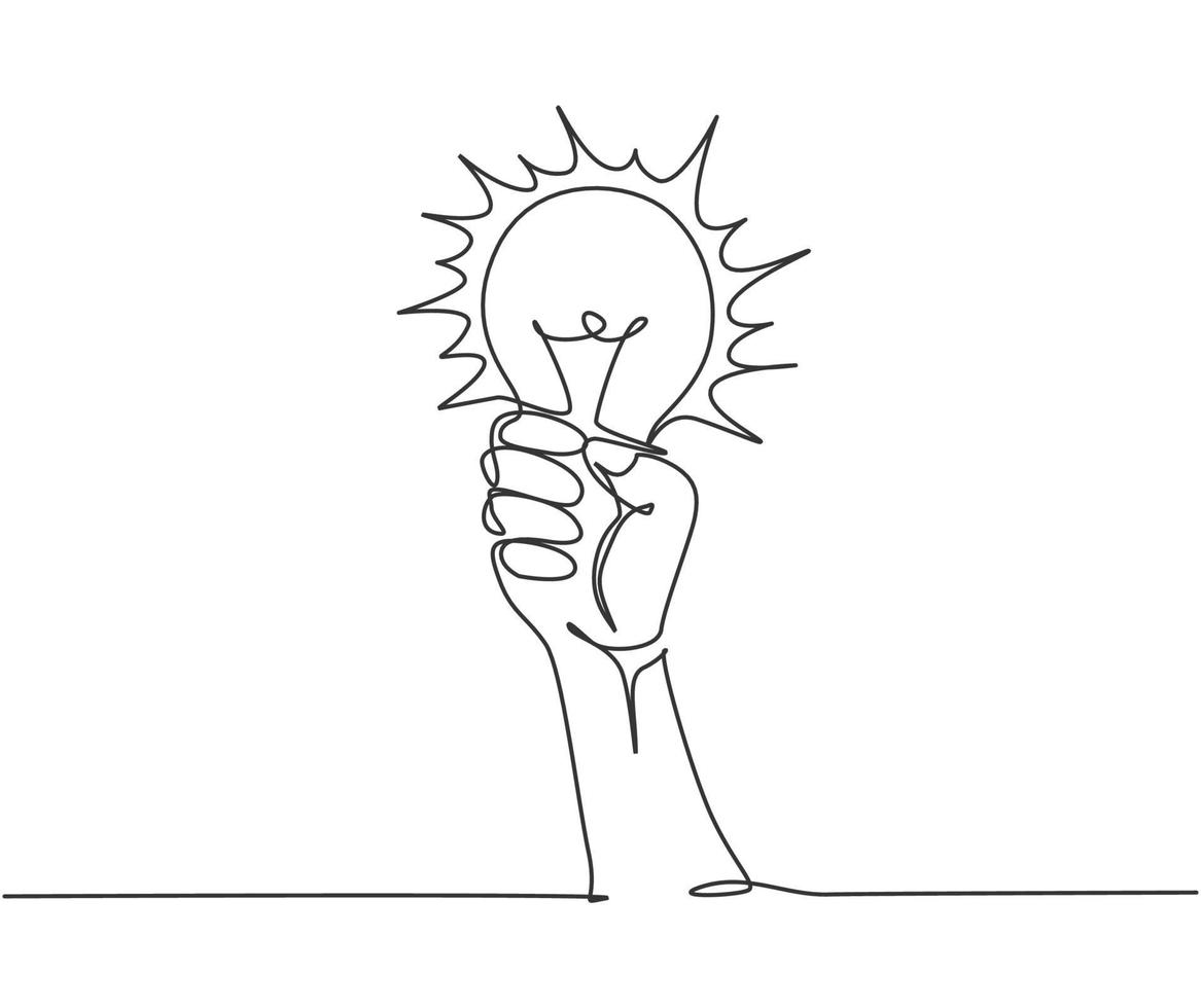 um único desenho de linha de mão humana segura a identidade do logotipo da lâmpada. ligar o conceito de modelo de ícone de logotipo de energia. linha contínua dinâmica desenhar design gráfico ilustração vetorial vetor