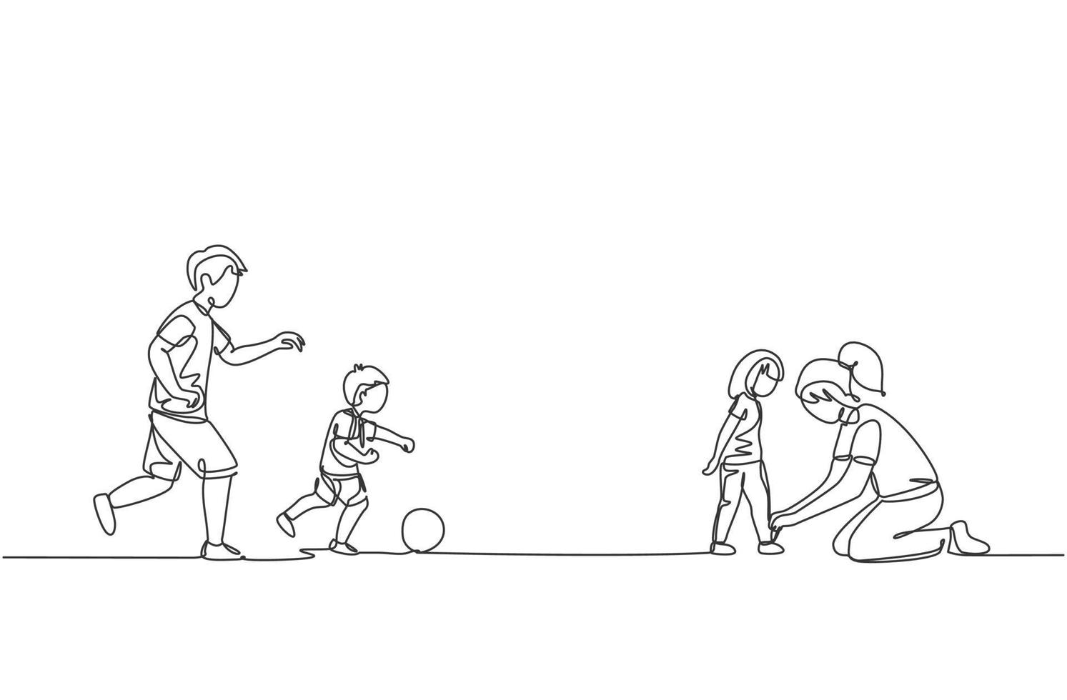 um desenho de linha contínua de um jovem jogando futebol com o filho no campo enquanto a mãe amarra os cadarços da filha. conceito de parentalidade de família feliz. ilustração em vetor desenho dinâmico de desenho de linha única