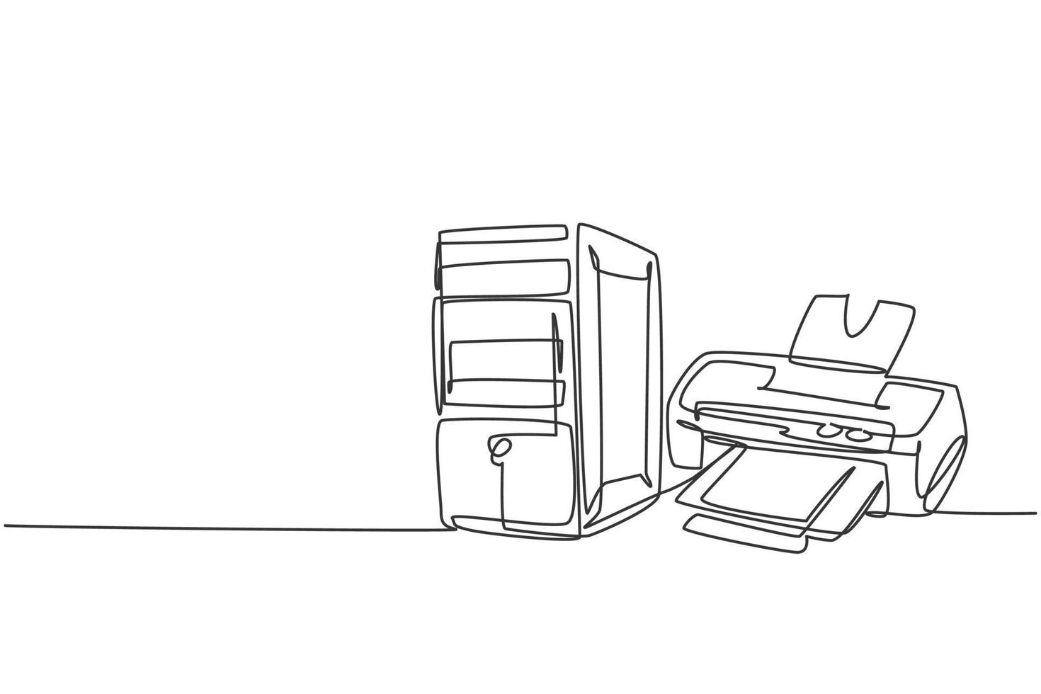 um único desenho de linha do computador cpu com impressora jato de tinta para pequenos escritórios domésticos. conceito de ferramentas de equipamentos de negócios de eletricidade. ilustração de desenho vetorial de desenho gráfico de linha contínua dinâmica vetor