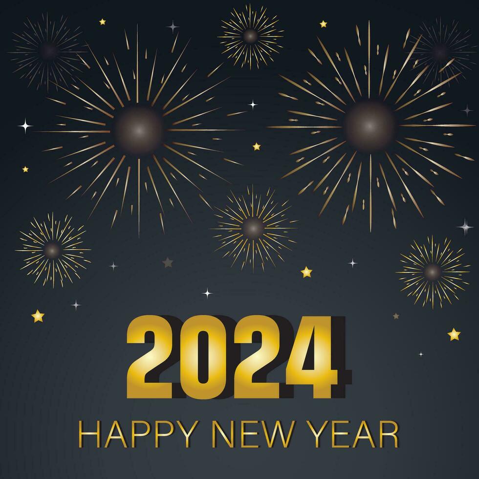 feliz Novo ano 2024, Novo anos véspera festa fundo cumprimento cartão - estrelinhas e bokeh luzes, em Sombrio azul noite céu vetor
