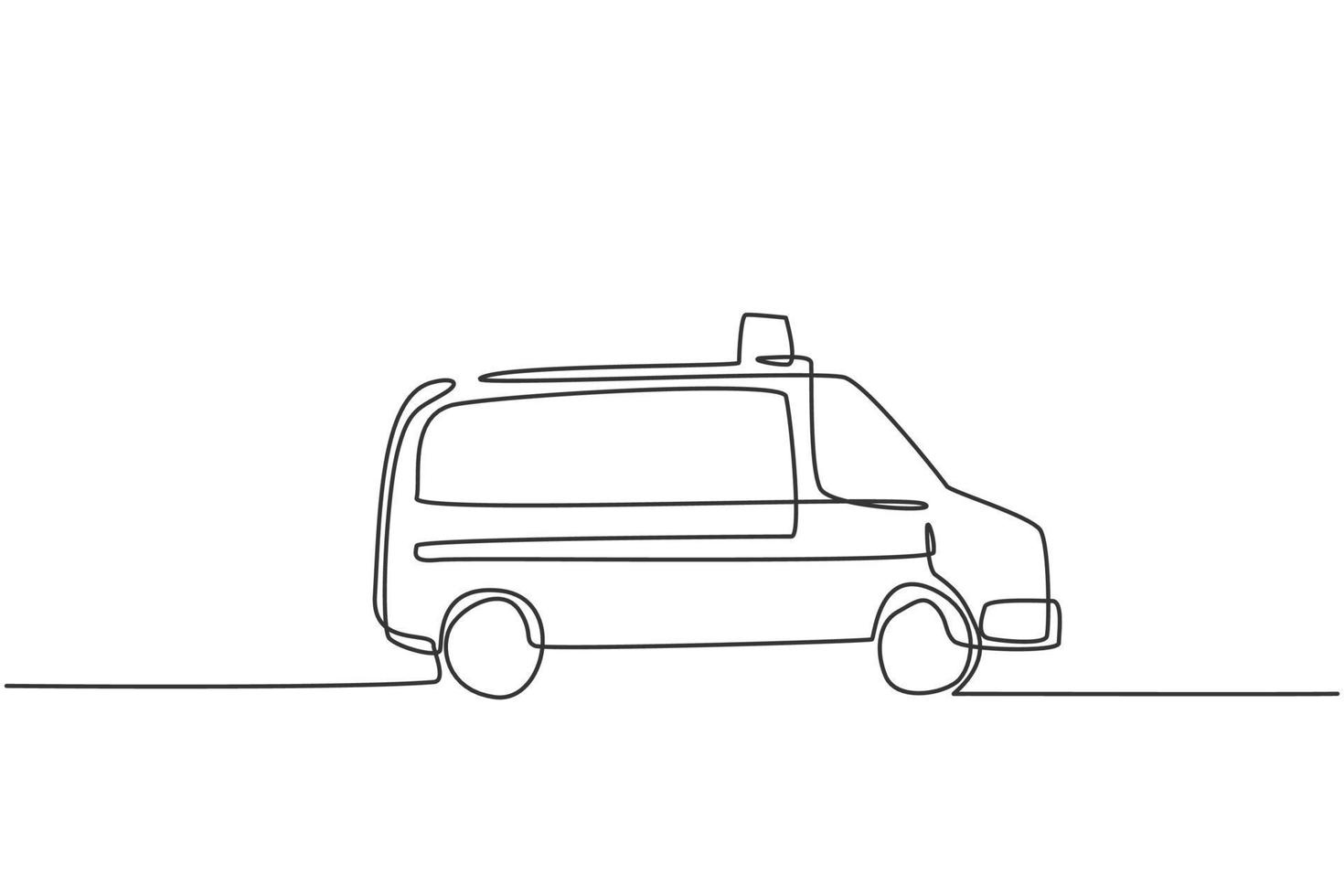 carro de ambulância de hospital de desenho único de uma linha para ajudar paciente ferido em acidente de viação. resgate de emergência isolado doodle conceito mínimo. moderna linha contínua desenhar design gráfico ilustração vetorial vetor