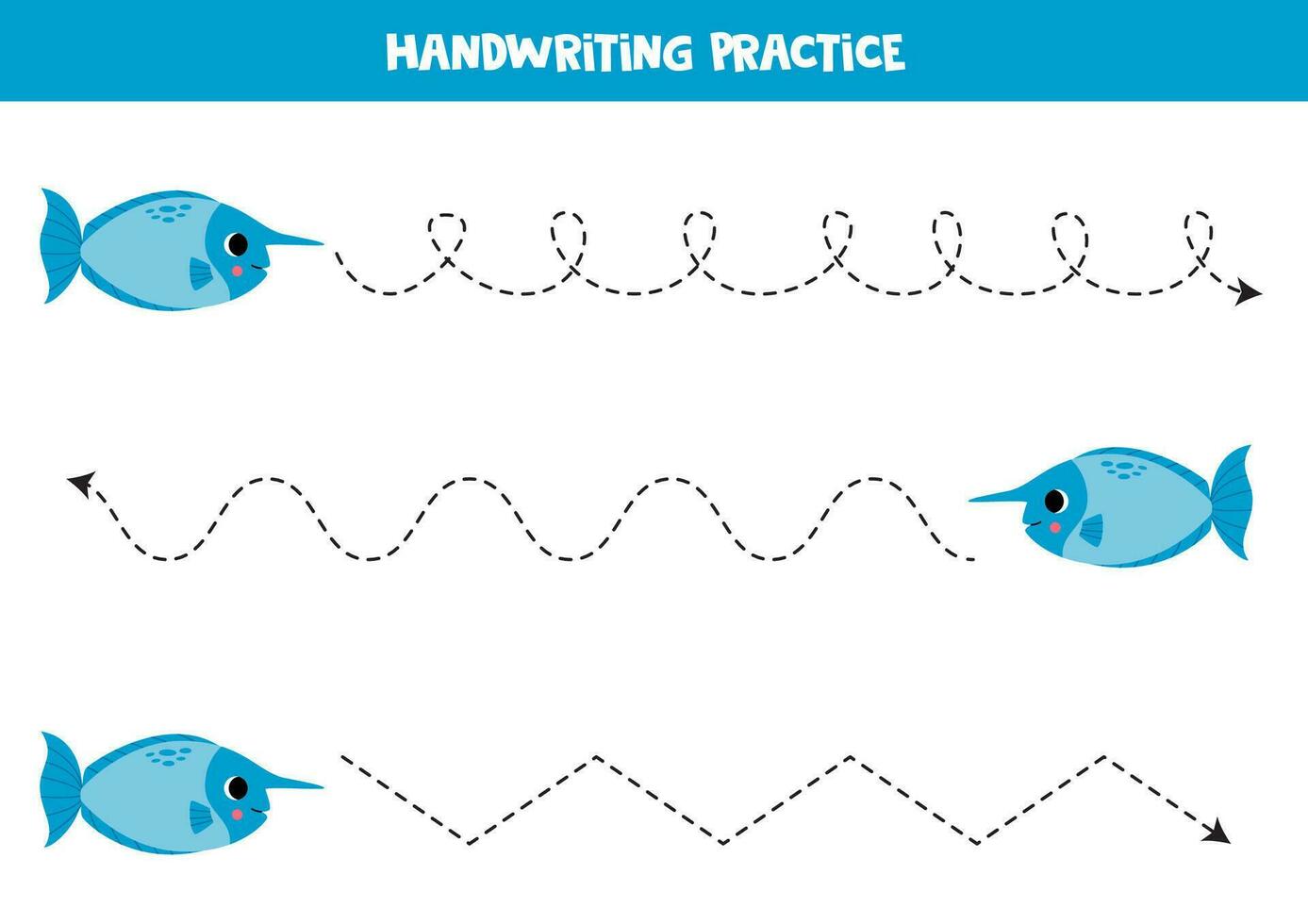 rastreamento linhas para crianças. fofa desenho animado azul unicórnio peixe. caligrafia prática. vetor