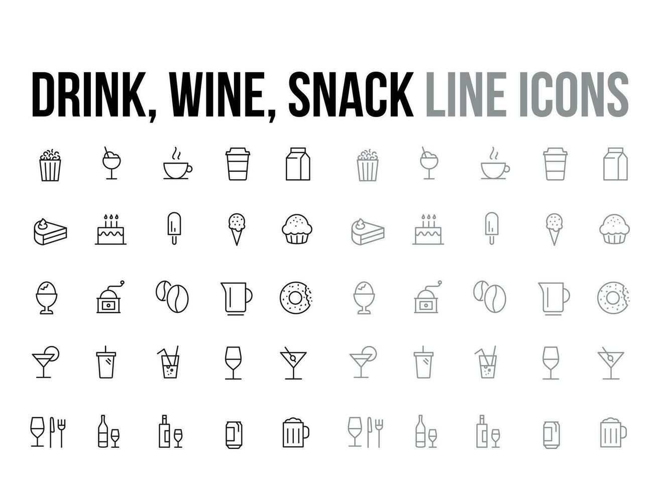 bebida, vinho, lanche vetor fino linha ícone coleção