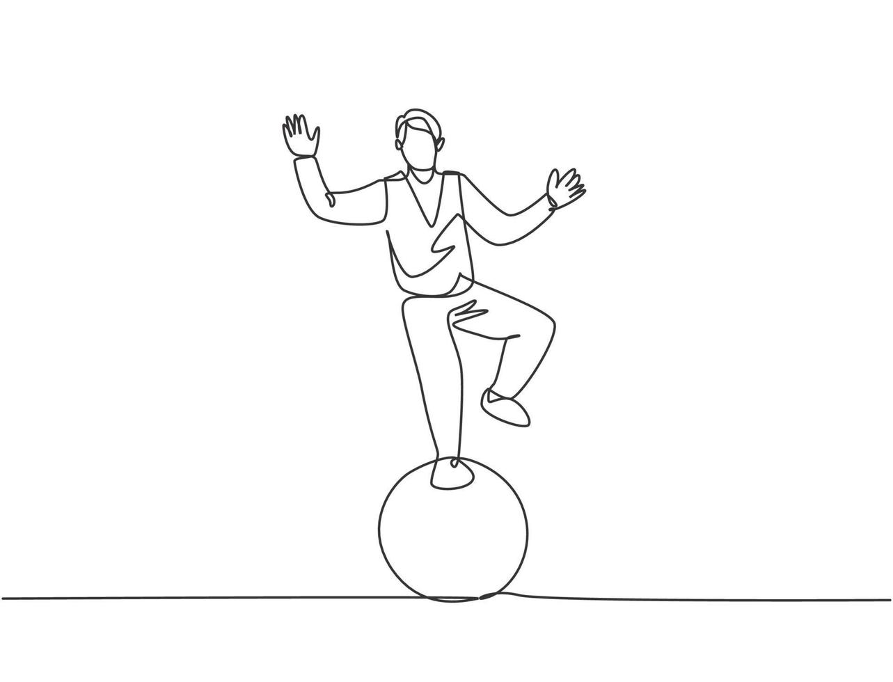 contínuo uma linha desenhando um acrobata masculino executa uma acrobacia em pé com um pé em uma bola de circo enquanto executa uma dança. interessante para o público. ilustração em vetor desenho desenho de linha única.