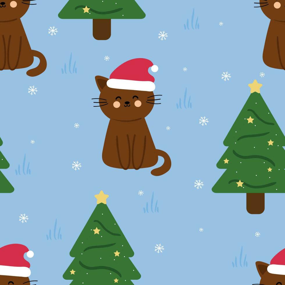 desenho animado gatos desatado padronizar com Natal árvores e elementos. fofa Natal papel de parede para cartões, presente invólucro papel vetor