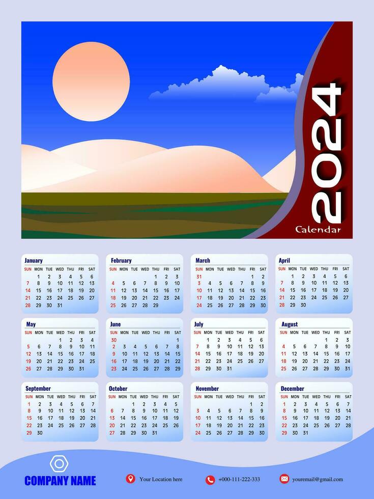 2024 1 página parede calendário Projeto modelo, moderno 12 meses 1 página calendário. moderno parede calendário Projeto 2024. impressão pronto 1 página parede calendário modelo Projeto para 2024. semana começa em Domingo. vetor