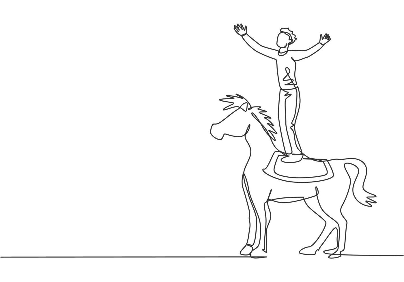 Uma única linha contínua desenhando um acrobata macho executa uma acrobacia em um cavalo de circo ficando de pé no dorso do cavalo e levantando as mãos. dinâmica de uma linha desenhar ilustração em vetor design gráfico.