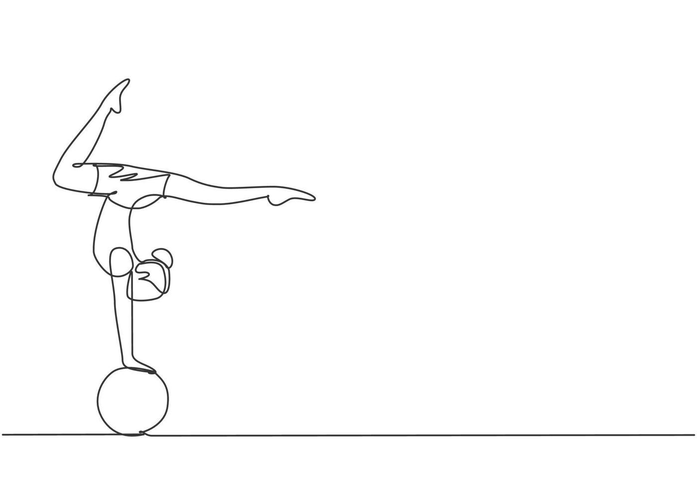 single one line drawing, uma acrobata feminina faz um stand de mão em uma bola de circo enquanto executa uma bela dança de pernas. precisa de destreza para fazê-lo. ilustração em vetor gráfico desenho linha contínua
