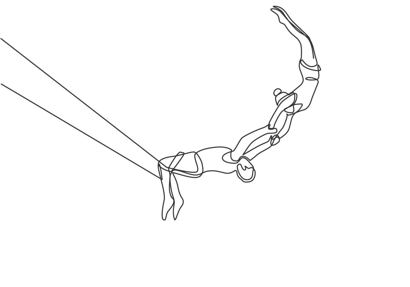 single one line desenhando dois jogadores acrobáticos em ação em um trapézio, com um jogador do sexo masculino pendurado em suas duas pernas enquanto apanha uma jogadora. ilustração em vetor gráfico de desenho de uma linha.