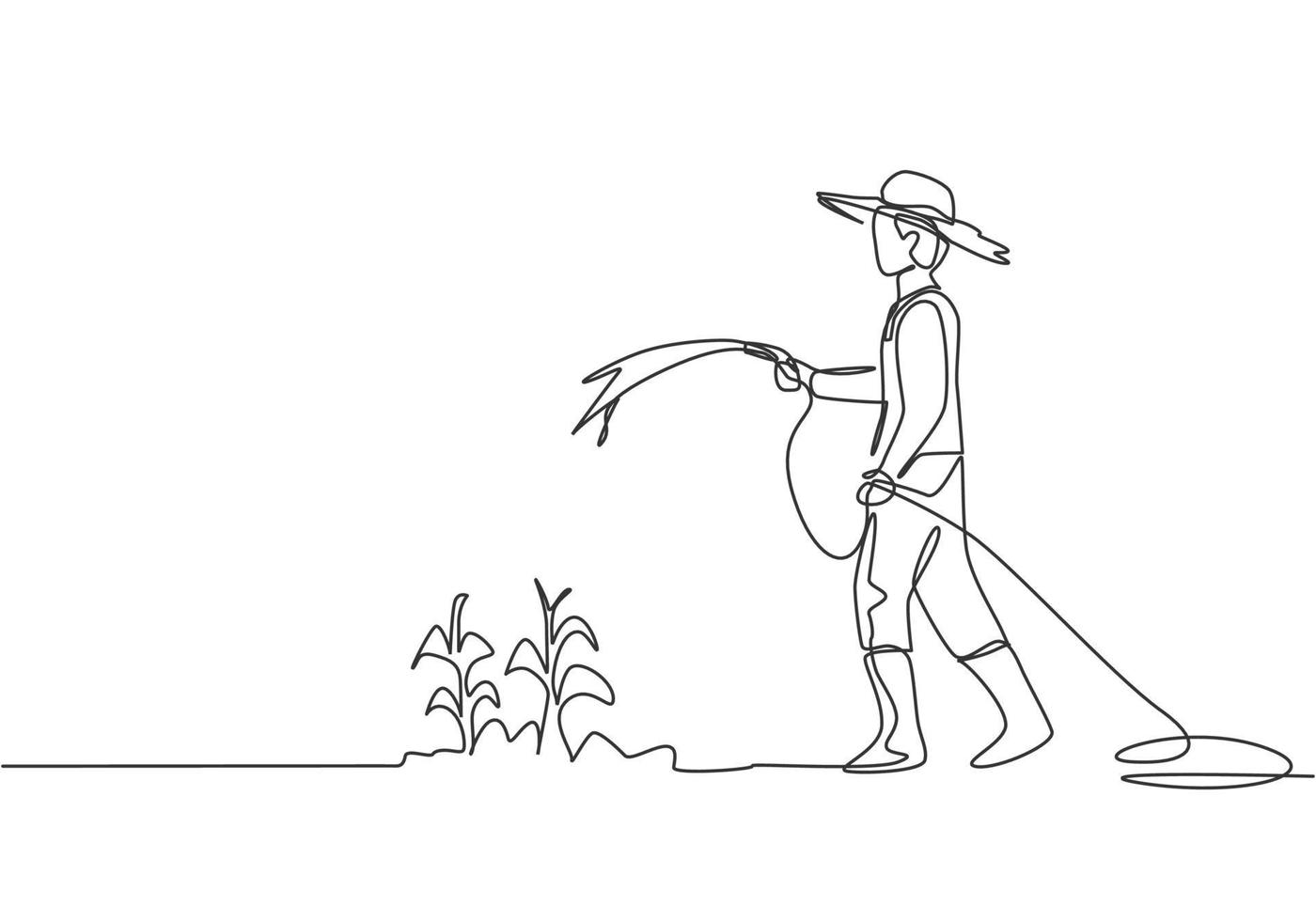 única linha contínua desenho jovem agricultor em pé no campo agrícola enquanto rega as plantas usando uma mangueira. conceito de atividades de plantio do agricultor. uma linha desenhar ilustração em vetor design gráfico.