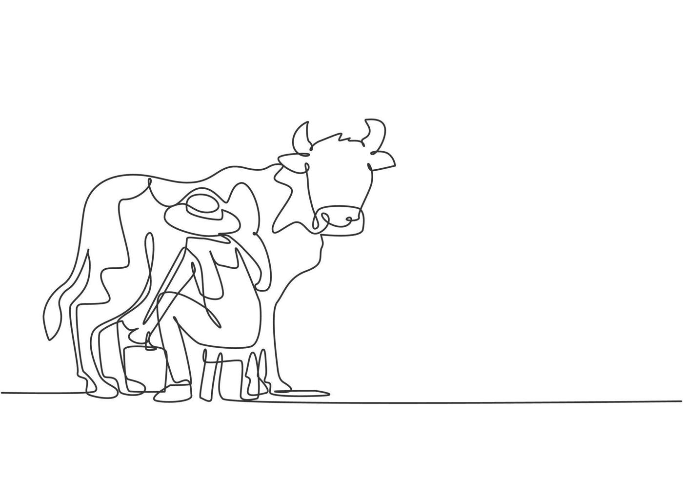 desenho de linha única contínua jovem fazendeiro ordenha uma vaca da maneira tradicional. um conceito de minimalismo de atividade de colheita bem-sucedido. dinâmica de uma linha desenhar ilustração em vetor design gráfico.