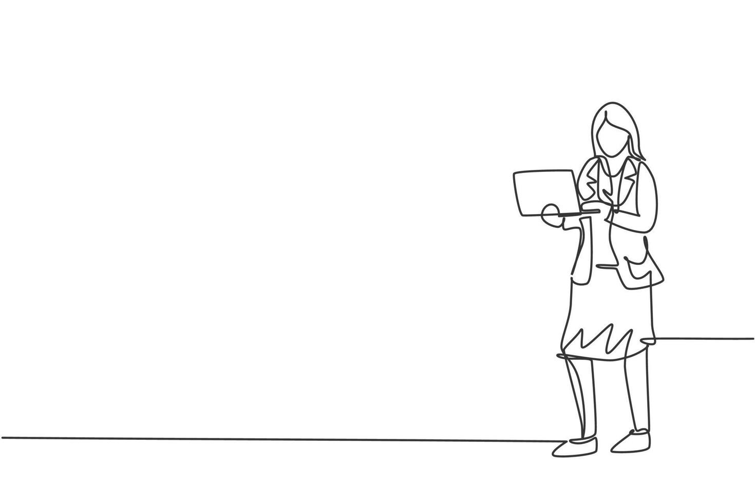 contínuo um desenho de linha de uma jovem trabalhadora em pé enquanto segura o laptop para digitar. gerente de negócios de sucesso. conceito minimalista. ilustração do gráfico vetorial moderna de desenho de linha única vetor