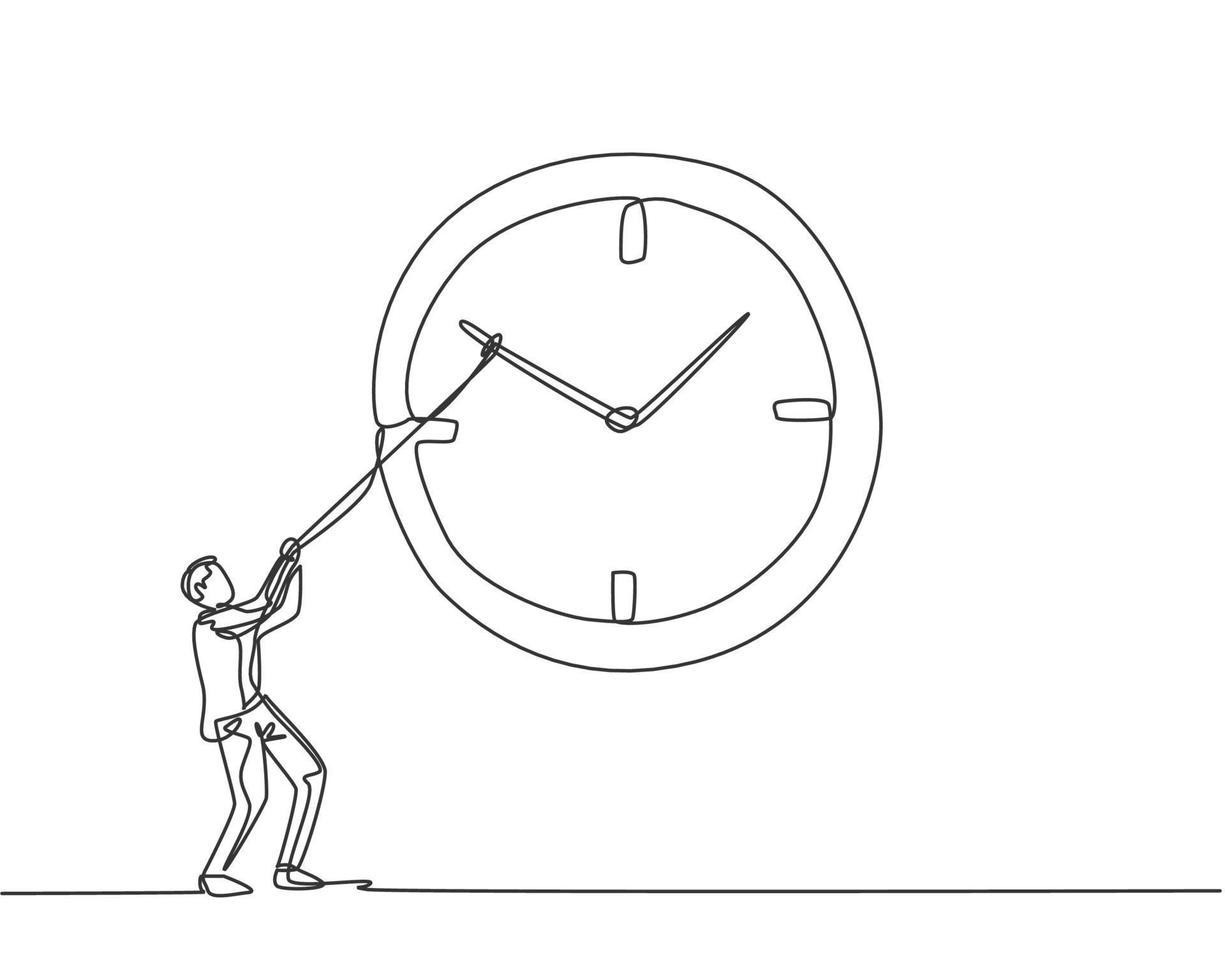 contínua uma linha de desenho jovem trabalhador puxando no sentido horário do grande relógio de parede analógico com corda. conceito minimalista de negócios de gerenciamento de tempo. ilustração gráfica de vetor de desenho de linha única