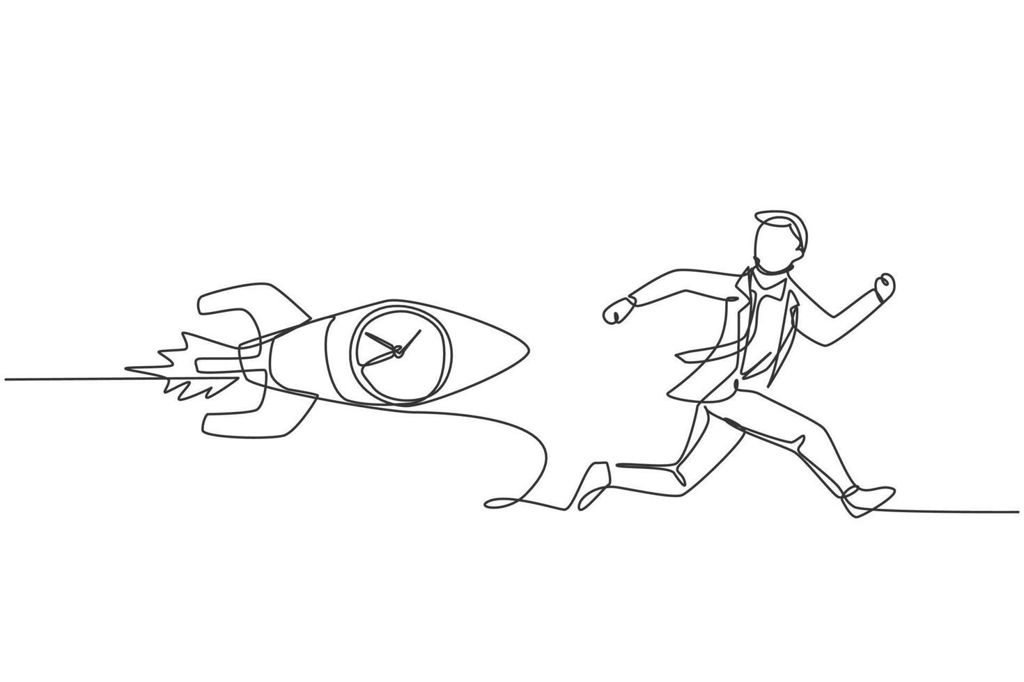 Contínuo um desenho de linha jovem trabalhador perseguido por foguete voador com relógio analógico dentro. conceito minimalista de negócios de gerenciamento de horas de ponta. ilustração gráfica de vetor de desenho de linha única
