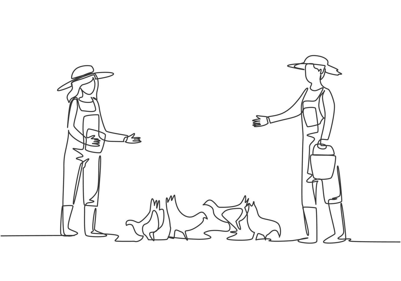 contínuo um desenho de linha jovem casal agricultor está alimentando as galinhas com ração para galinhas. conceito minimalista de atividades agrícolas bem-sucedidas. ilustração gráfica do vetor do desenho do desenho de linha única.