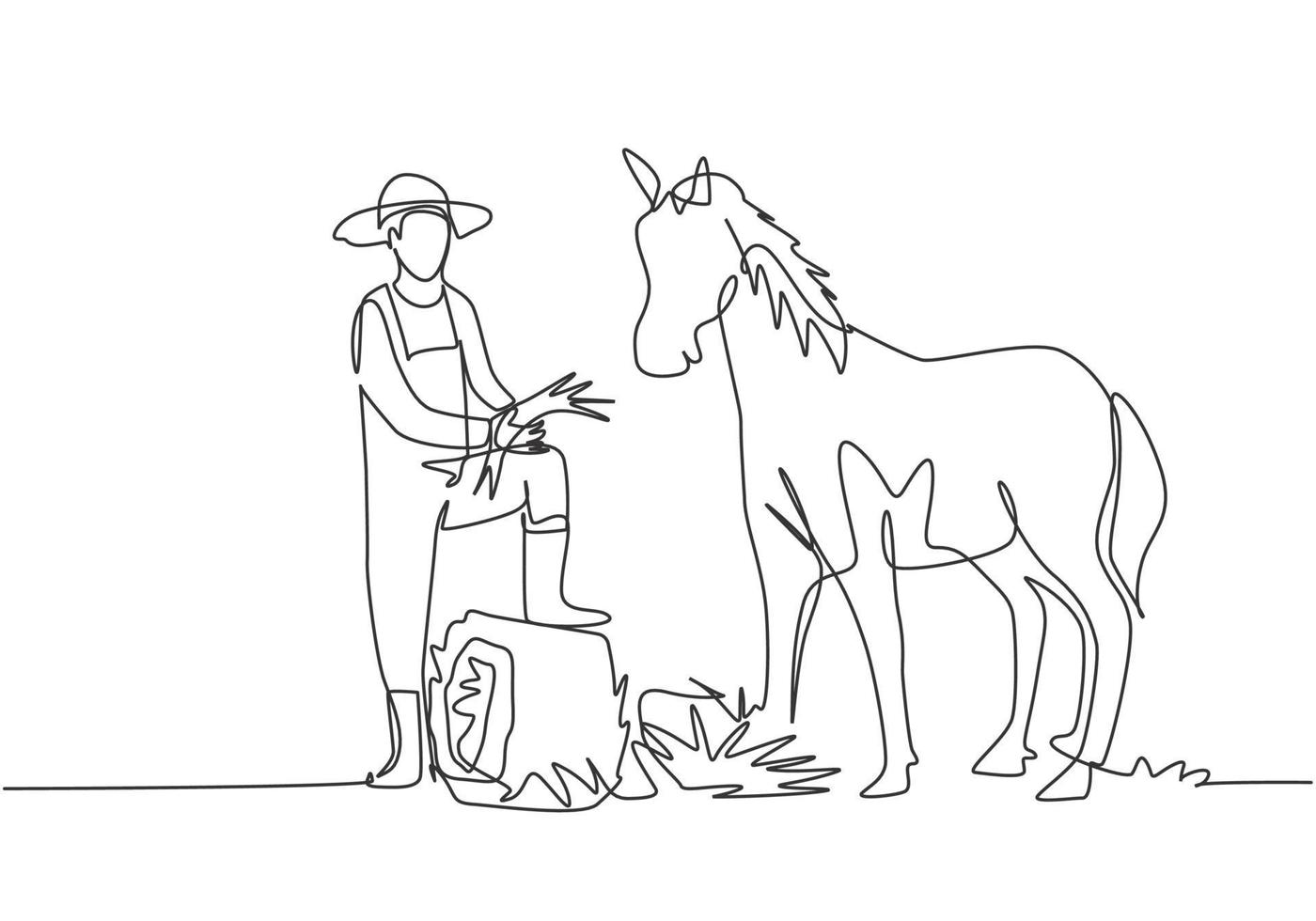 Uma única linha contínua desenhando o jovem agricultor do sexo masculino pisou com um dos pés no feno enrolado quando estava prestes a alimentar o cavalo. conceito de minimalismo. uma linha desenhar ilustração em vetor design gráfico.