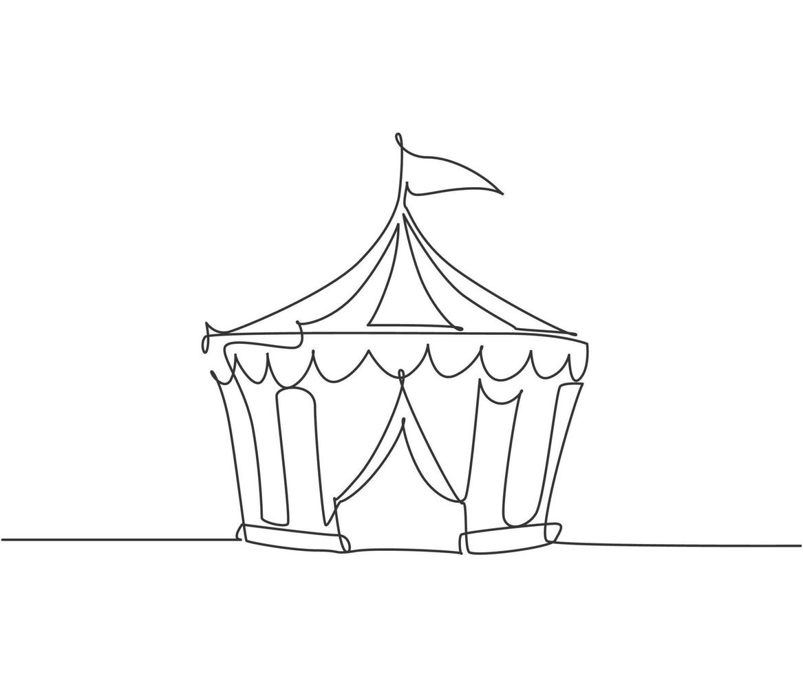 desenho simples de uma linha de tenda de circo em forma de pentágono com listras e uma bandeira no topo. onde palhaços, mágicos, animais atuam. linha contínua desenhar design gráfico ilustração vetorial. vetor