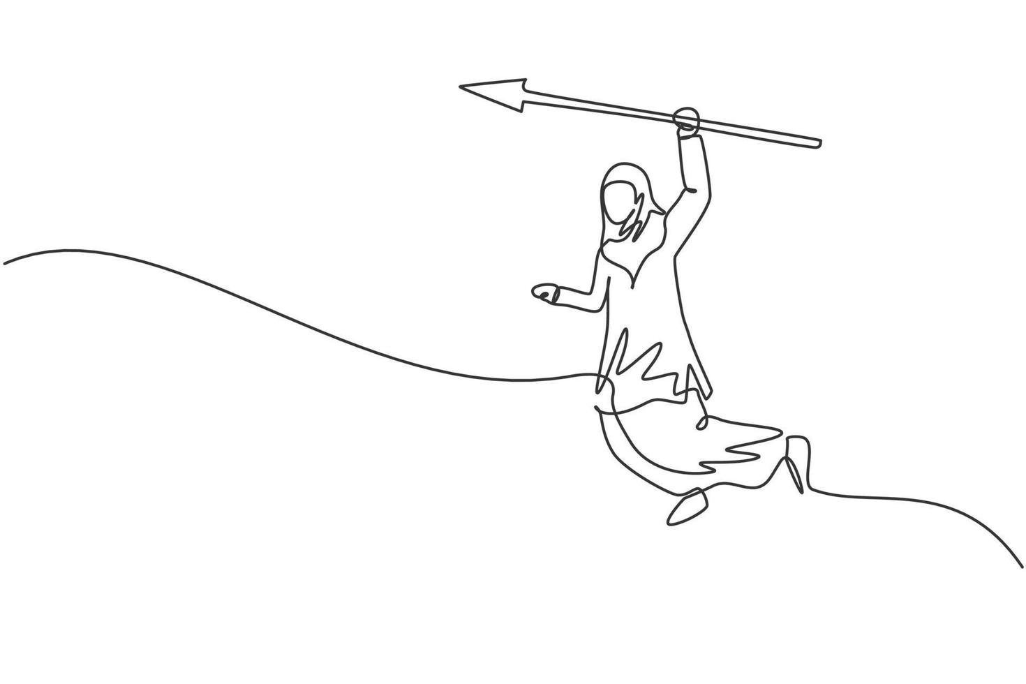 contínua uma linha desenho jovem trabalhador árabe feminino pulando alto, segurando a lança de flecha. conceito minimalista de gerente de negócios de sucesso. ilustração do gráfico vetorial moderna de desenho de linha única vetor