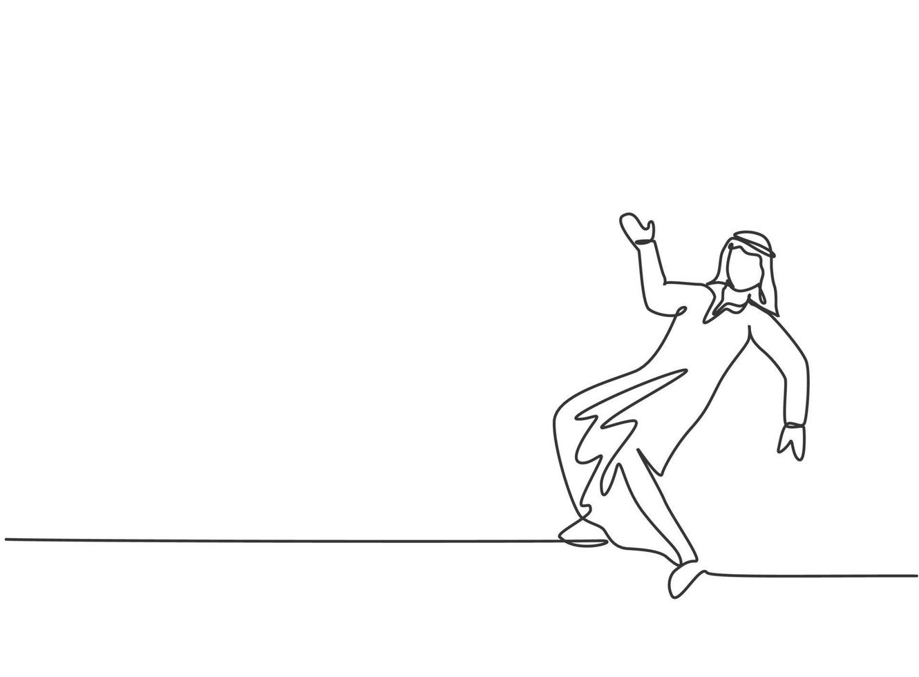único desenho de linha de homem de negócios árabe jovem dançando na rua. feliz com seu conceito de metáfora mínima de desafio de negócios. linha contínua moderna desenhar design gráfico ilustração vetorial vetor