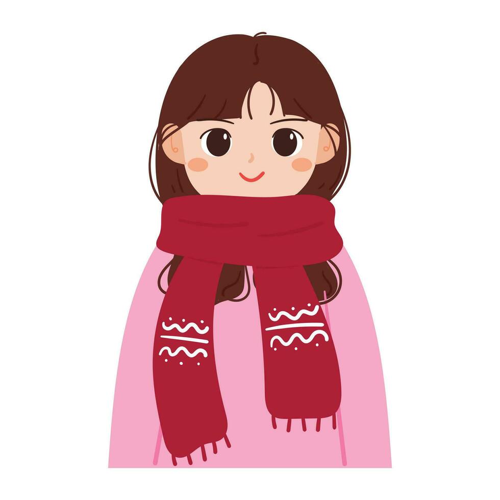 mão desenhando desenho animado menina vestindo cachecol dentro inverno dia. inverno roupa. fofa menina adesivo vetor