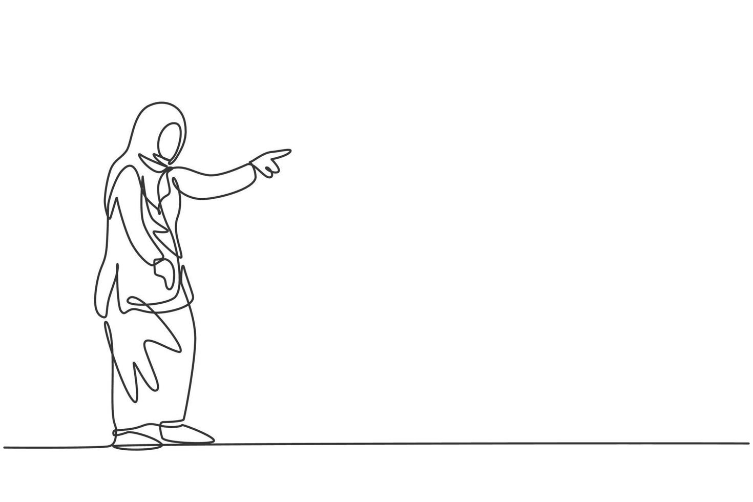 contínuo um desenho de linha de uma jovem trabalhadora árabe apontando o dedo para o colega. conceito minimalista de gerente de negócios de sucesso. ilustração do gráfico vetorial moderna de desenho de linha única vetor