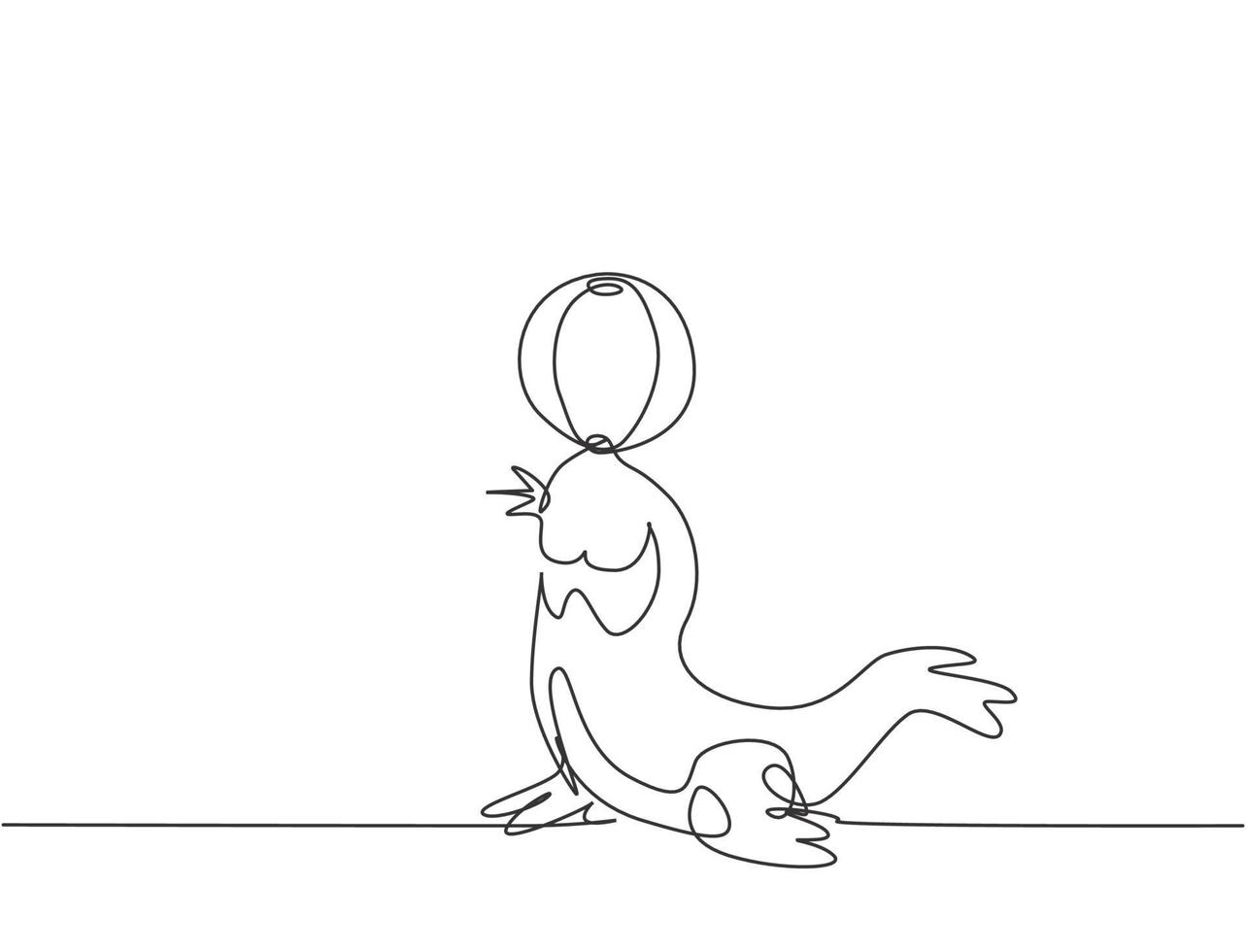 única linha contínua desenhando um leão-marinho fazendo uma manobra com uma bola listrada na boca. os leões-marinhos são altamente treinados em desempenho. dinâmica de uma linha desenhar ilustração em vetor design gráfico.