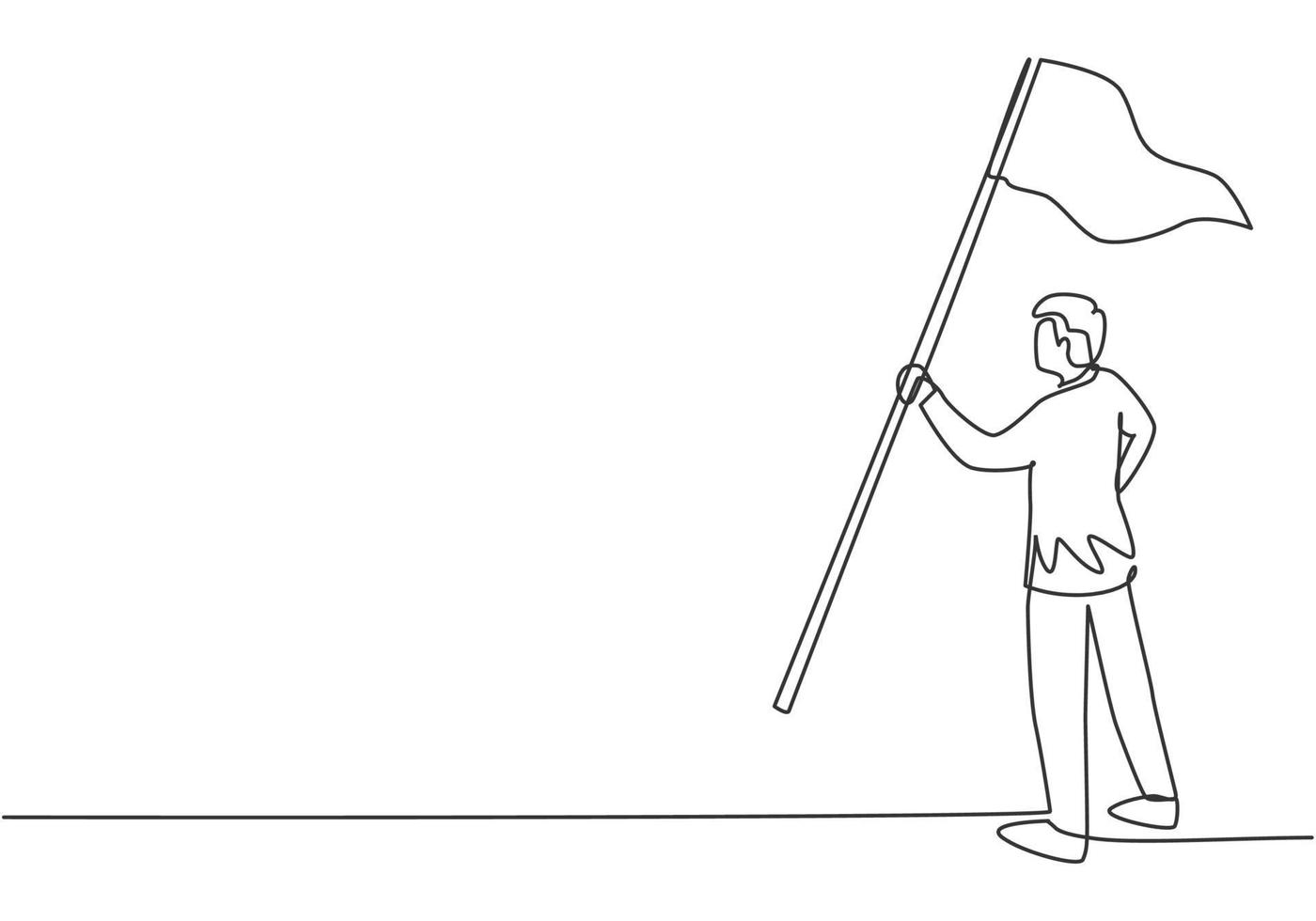 contínua uma linha desenho jovem trabalhador do sexo masculino segurando a bandeira vencedora. gerente de negócios de sucesso atingir a meta da empresa. conceito minimalista de metáfora. ilustração gráfica de vetor de desenho de linha única