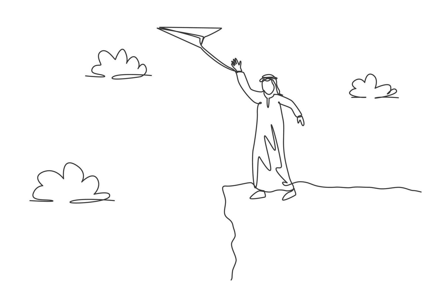 única linha contínua desenho jovem homem de negócios árabe acenando com a mão para voar o avião de papel do topo da montanha. conceito de metáfora do minimalismo. ilustração em vetor desenho gráfico dinâmica de uma linha