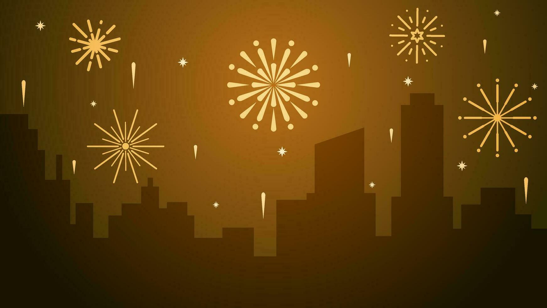 Novo ano paisagem urbana vetor ilustração. cenário do cidade com espumante fogos de artifício dentro Novo ano evento. cidade panorama para ilustração, fundo ou papel de parede. cidade silhueta dentro a fogo de artifício festival