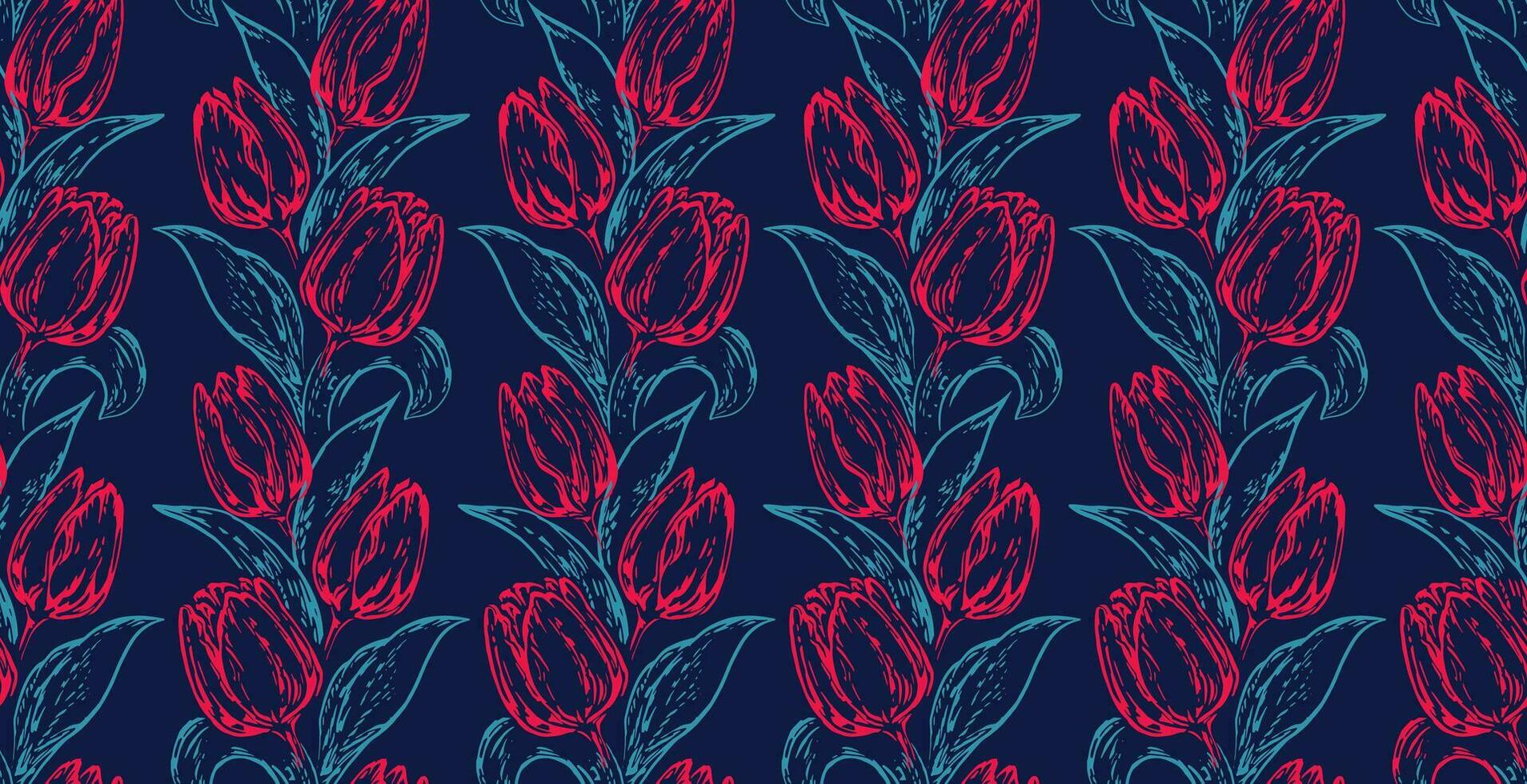 vetor mão desenhado tulipas entrelaçados dentro uma desatado padronizar em uma Preto azul fundo. simples flores imprimir. modelo para projeto, moda, tecido, interior decoração, têxtil, papel de parede, superfície Projeto.