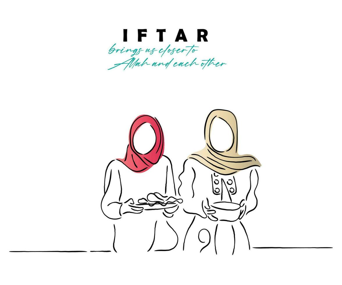 linha arte do muçulmano família às iftar tempo. vetor