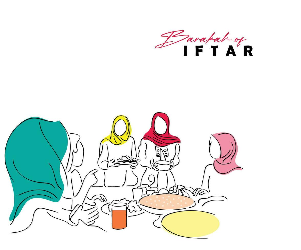 linha arte do muçulmano família às iftar tempo. vetor