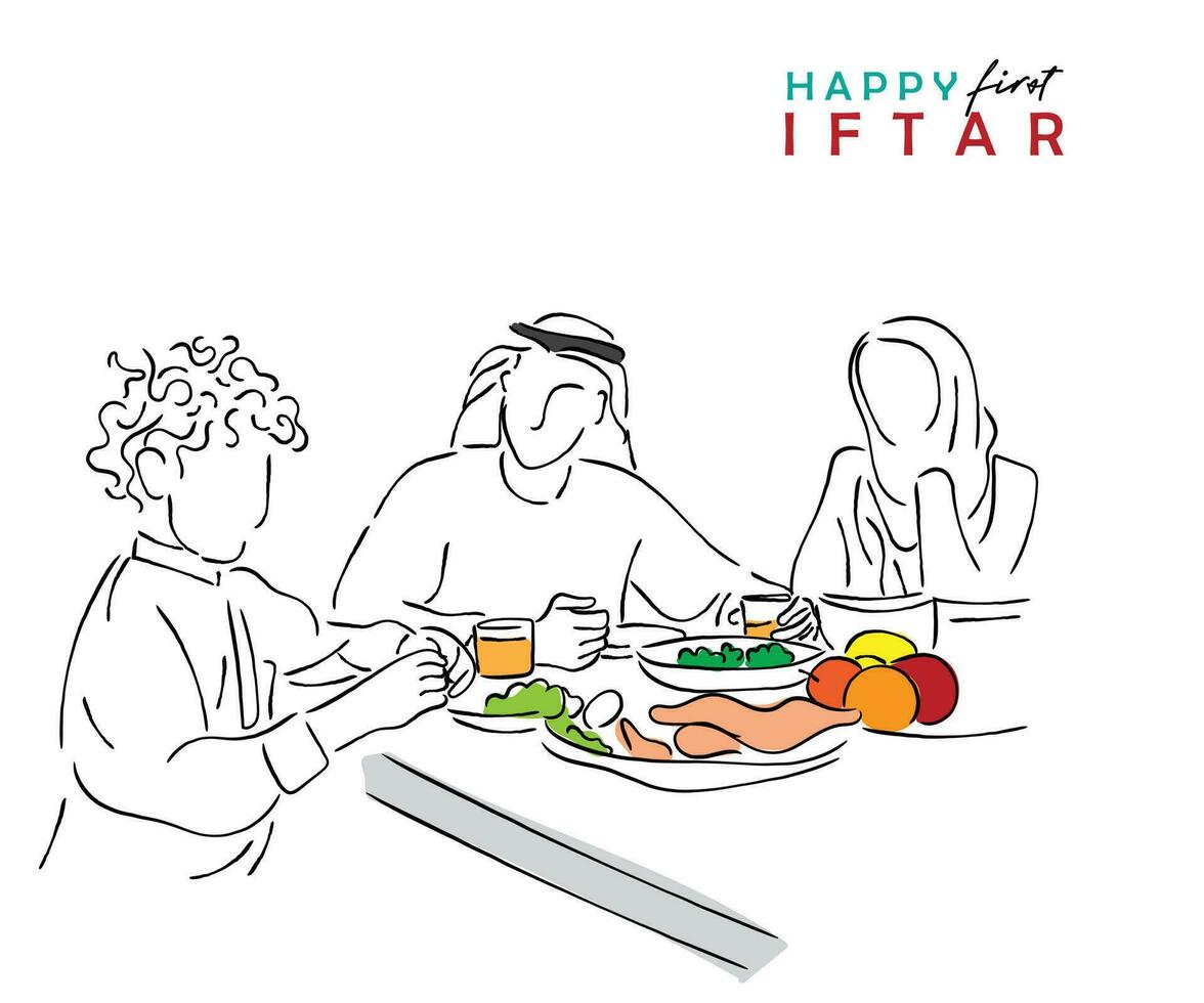 linha arte do muçulmano família às iftar tempo. vetor